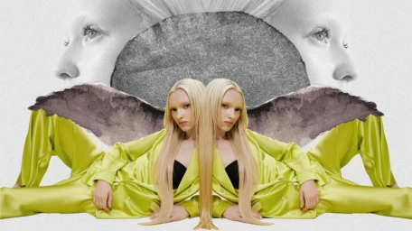 Collage art featuring mirrored portraits of a blonde model in a chartreuse silk pajama set against a textured white background.