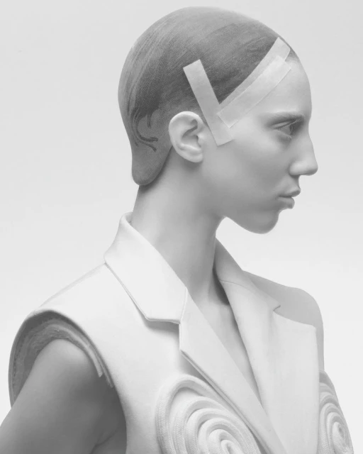 Monochromatic portrait of a fair-skinned adult female wearing a sculptural white garment and head covering, side view on a white background.