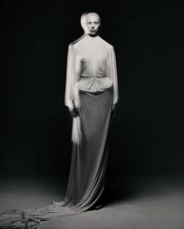 Model wearing a draped floor-length white gown with a motion blur silhouette effect against a dark seamless backdrop.