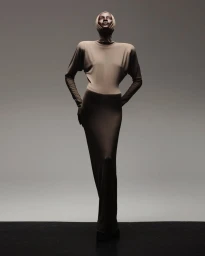Model wearing a two-tone beige and dark brown floor-length dress with a matching headpiece against a grey studio backdrop.