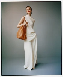 Model Penelope Ternes in an off-white draped top and wide-leg trousers holding a brown leather shoulder bag against a grey backdrop.