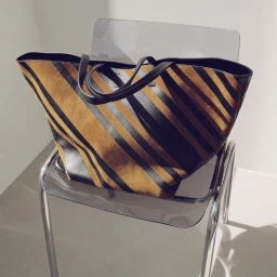 Phoebe Philo striped brown suede and black leather tote bag resting on a transparent acrylic chair.