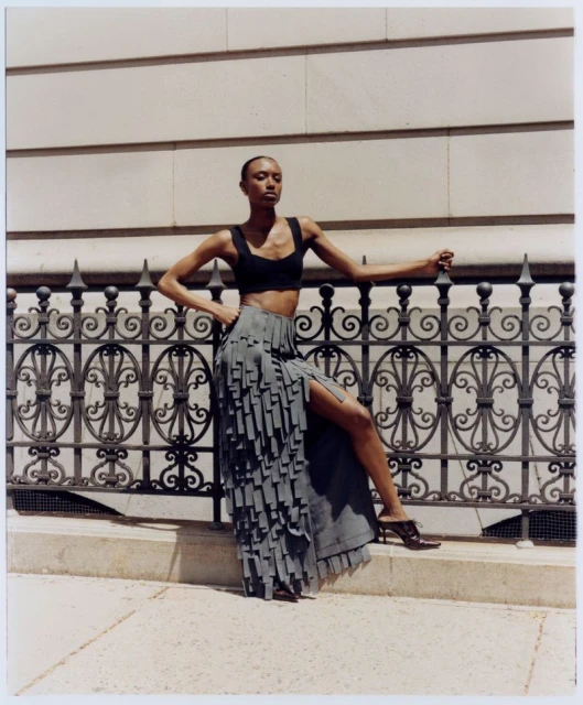 Elegant African-American woman in a gray fringed skirt and black crop top poses against an ornate black fence and tan building.