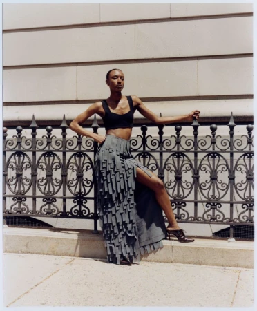 Elegant African-American woman in a gray fringed skirt and black crop top poses against an ornate black fence and tan building.