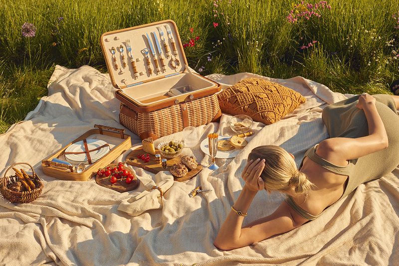 Woman relaxing on blanket with picnic basket, food, and drinks in sunny meadow with wildflowers, creating a summery, idyllic scene.