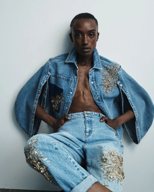Elegant, dark-skinned model poses indoors in an embellished denim jacket and jeans with hands on waist against a white backdrop.