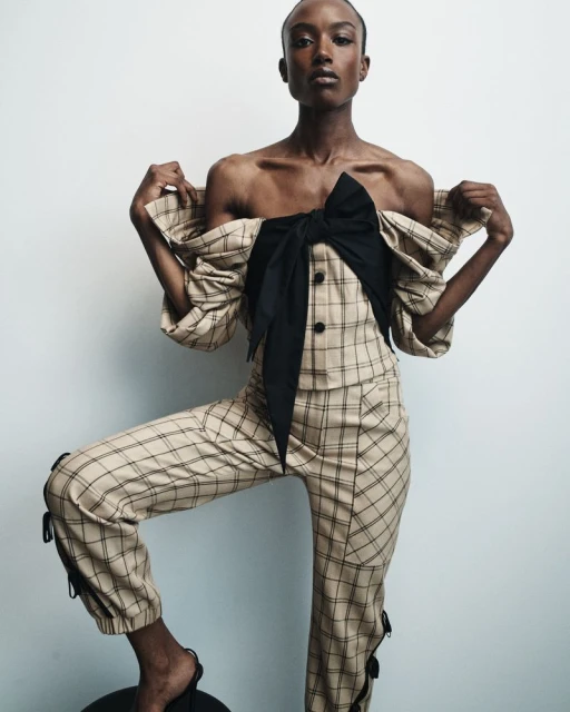 Fashion portrait of an African-descent adult female in plaid pants and a strapless top with bow detail, posing against a white background.