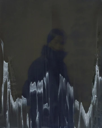 Abstract portrait of a person in a dark coat with blurred effects and a muted color palette, creating a somber and artistic mood.