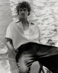 Black and white portrait of a man in an open short-sleeve shirt and dark trousers seated against a textured stone wall.