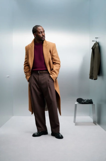 Man in brown coat, burgundy sweater, and brown trousers stands in a studio with a chair, shoes, and jacket in the background.