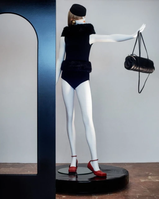 Fashion mannequin in black bathing suit, fur top, hat, red shoes, and purse displayed on a black stand against a neutral background.