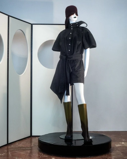 Mannequin displays a modern short black dress with a matching belt, knee-high dark green boots, and a dark red beanie against a white background.