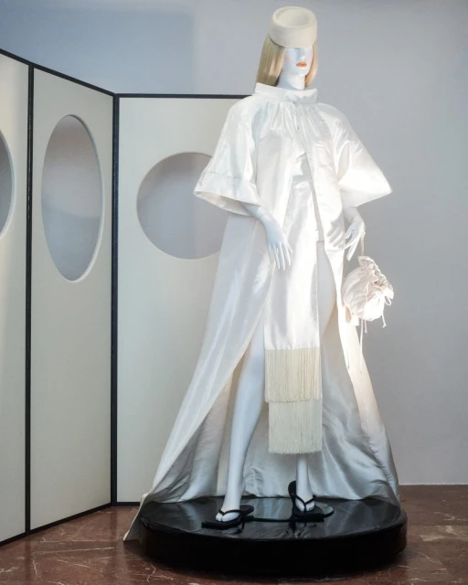 Mannequin displays white couture dress with hat and handbag, standing on a glossy black platform in front of a modern display screen.