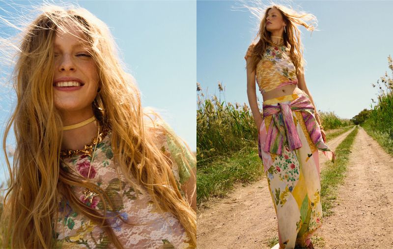 A vibrant outdoor fashion editorial split-screen features a smiling blonde woman in a floral top and a long patchwork skirt against a blue sky.