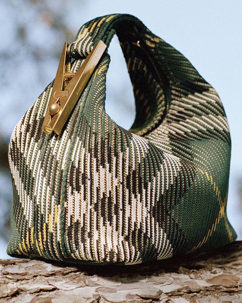 A woven green and beige purse with a metal clip is displayed on a tree branch in an outdoor setting, capturing a blend of nature and fashion.