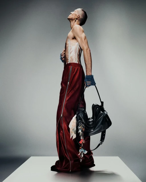 Profile shot of a topless adult male in baggy red pants holding a black bag with small accessories in a gray photo studio.