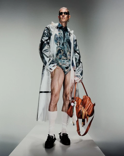 Fashionable adult male poses in a transparent raincoat, patterned bodysuit, white socks, black shoes, and brown purse on a white platform.