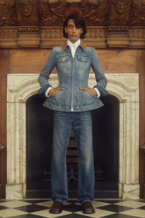 Full shot of a person in a denim jacket and jeans standing in front of an ornate fireplace indoors, captured in eye-level angle.