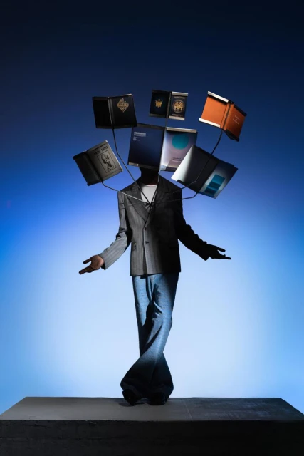 A person in a suit with books and computer monitors in place of their head, balancing on a platform against a blue gradient background.
