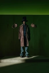 Model in a brown coat, denim pants, and tall black hat standing on a concrete block with large sculpted hands hovering behind him.