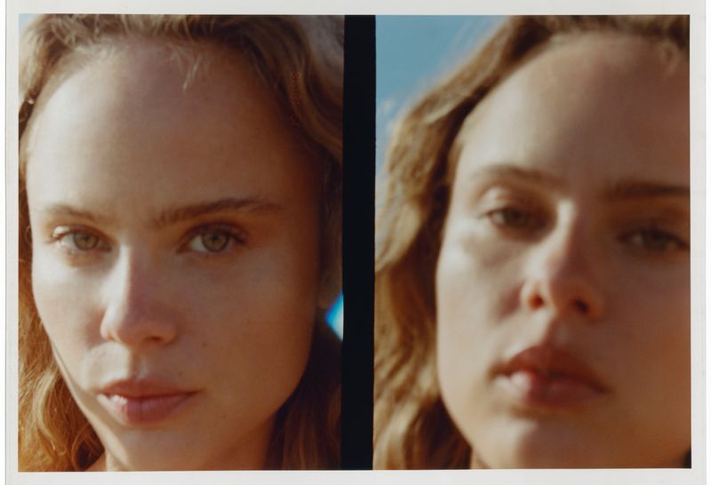 Close-up diptych featuring the face of an adult female with fair skin, light brown hair, and neutral expression against a soft blue sky.