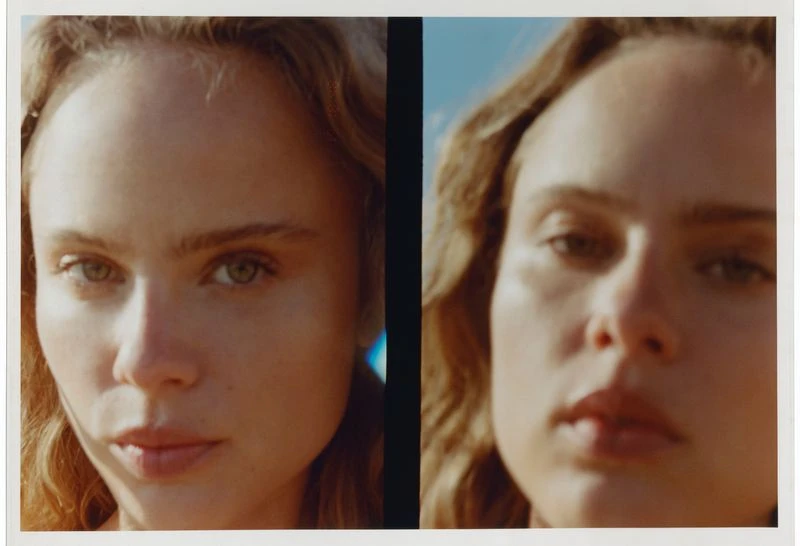 Close-up diptych featuring the face of an adult female with fair skin, light brown hair, and neutral expression against a soft blue sky.
