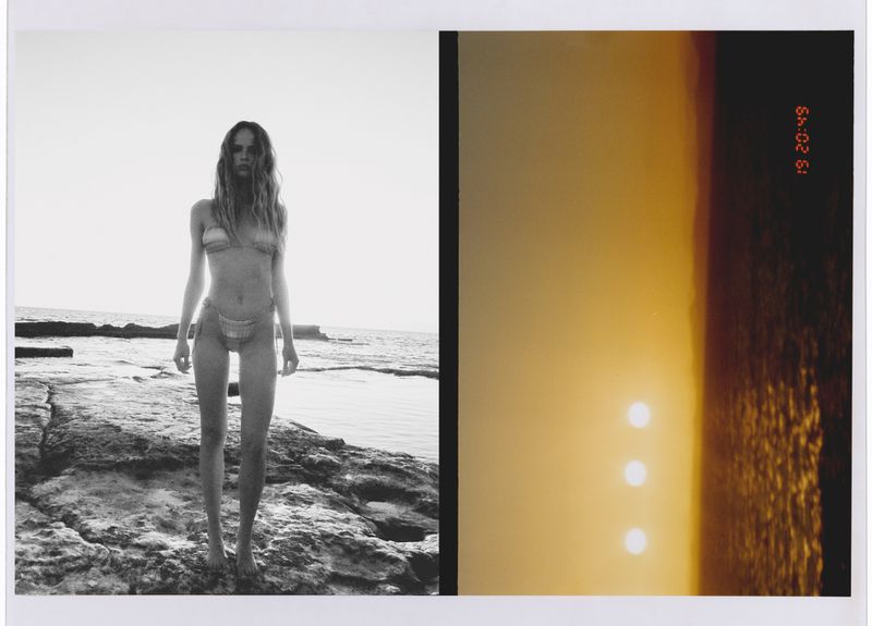 Woman in a bikini poses on a rocky beach in a black and white photo next to a blurry color image of water with a sun glare.
