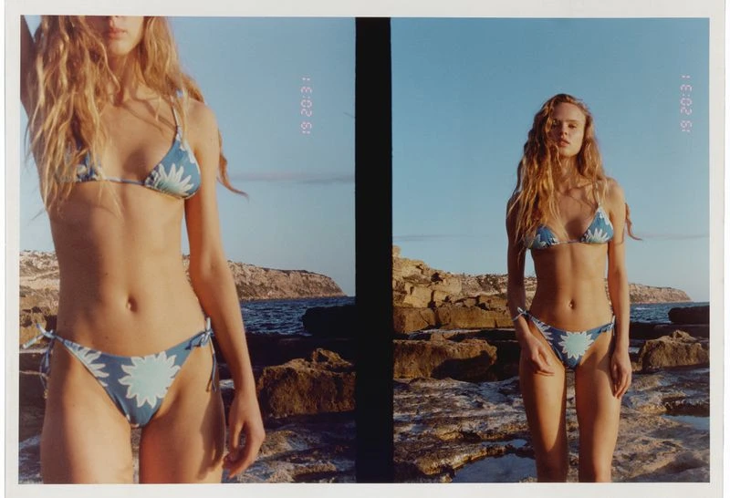 Two images of a woman in a floral bikini standing on rocks near the ocean under a blue sky; a summer fashion shoot.