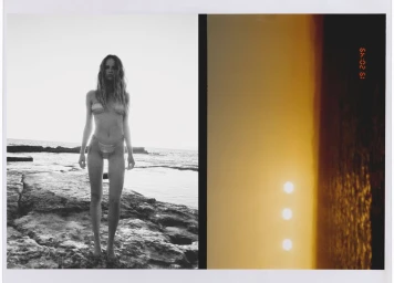 Model wearing a two-piece bikini standing on a rocky coast by the ocean in a diptych format