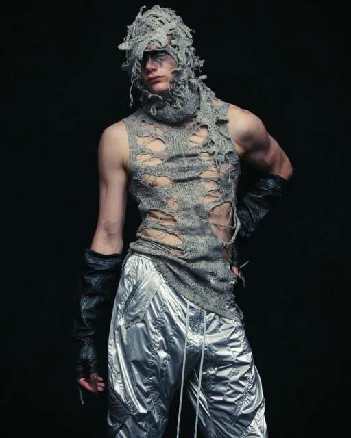 Adult male fashion model poses in ripped gray knitted top and shiny silver pants in studio against dark backdrop with dramatic lighting.