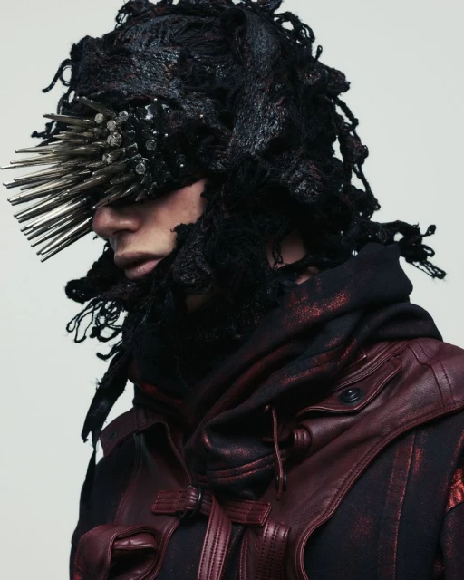 A side-view close-up of a person with a black, textural headpiece and a dark red leather jacket against a plain white background.