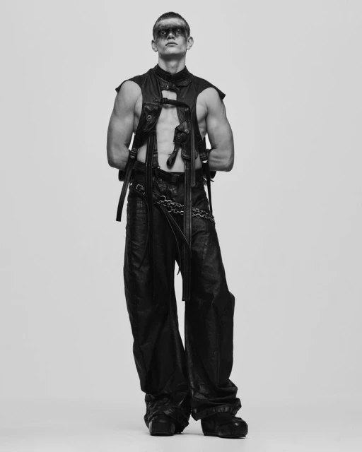 Monochrome portrait of a male model in a leather vest and baggy pants with dark makeup, standing in a light grey studio setting.