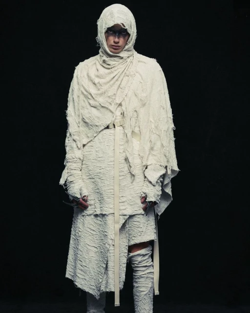 A lone adult wearing a white, draped head covering and textured matching white outfit stands against a stark black backdrop in a studio setting.