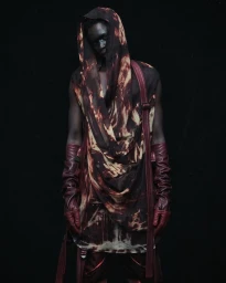 Model wearing a draped tie-dyed hooded tunic and long burgundy leather gloves against a plain black background.