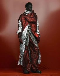 Model wearing layered metallic red wrap and silver coat standing against a deep red studio backdrop.