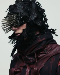 Model in profile wearing an avant-garde textured black headpiece with protruding metal spikes and a dark burgundy leather vest.