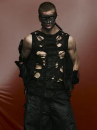 Male model in a distressed black cutout top and textured face mask posing against a warm reddish-brown backdrop.