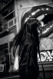 Kinari Tamukai with long flowing hair wearing black Yohji Yamamoto apparel on a Tokyo street in black and white.