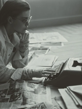 Woman in eyeglasses types on a vintage typewriter, surrounded by newspapers on the floor in a grey-toned indoor setting.