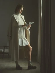 Model standing indoors near a window wearing an ivory wool coat and reading a magazine for Brunello Cucinelli