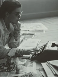 Luna Bijl wearing eyeglasses and a cable-knit sweater typing on a vintage typewriter on a newspaper-covered floor.