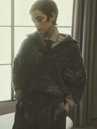 Model with short dark hair looking down while wearing a textured chunky knit charcoal sweater over a collared shirt and tie.