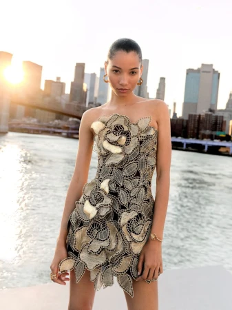 Model wearing a strapless lace dress with floral appliques against an urban waterfront skyline at sunset.