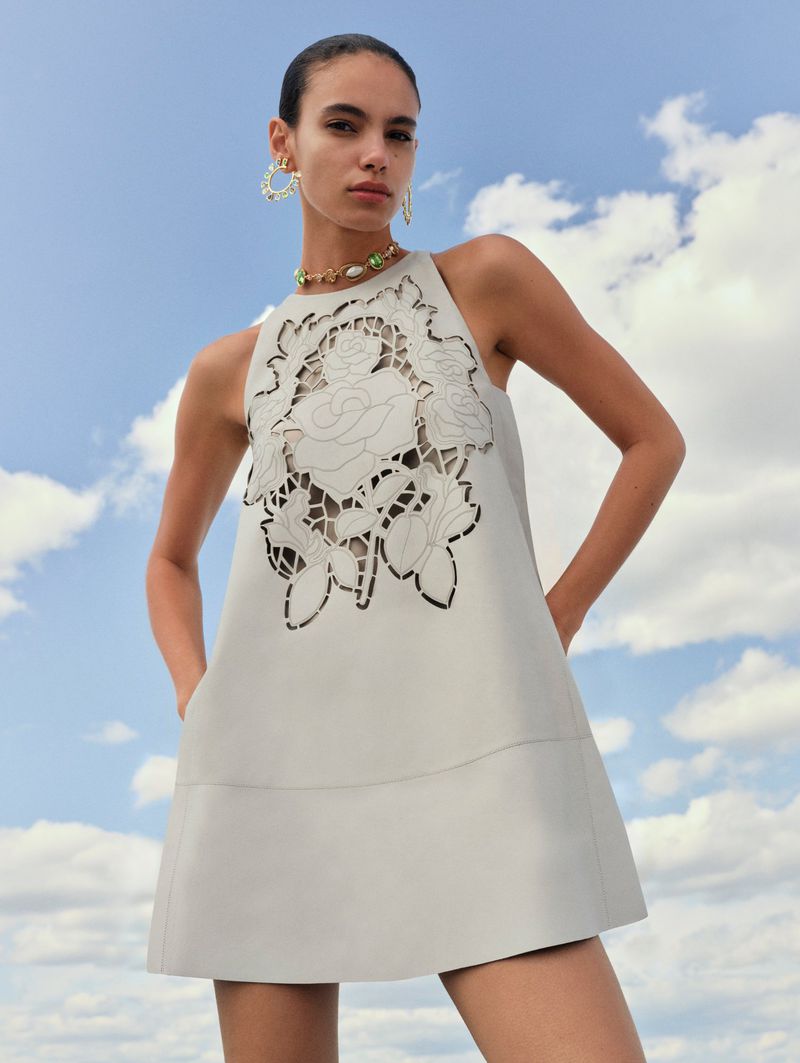 Elegant adult female poses in sleeveless gray mini-dress against a partly cloudy sky, accessorized with hoop earrings and necklace.