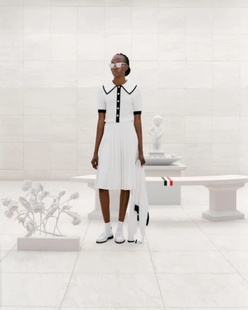 Woman poses in a white, collared dress and sunglasses in a bright white architectural space, standing next to a white bench and sculpture.