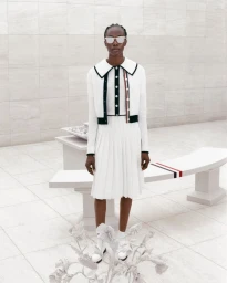 Model Robbie Lyons wearing a white pleated skirt set with black trim and sunglasses for Thom Browne S/S 24 Collection.