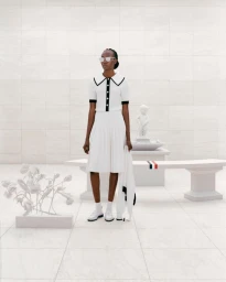 Model Robbie Lyons posing in a white pleated skirt and sailor-collar top with sunglasses on an all-white set for Thom Browne.
