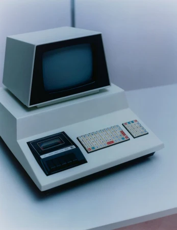 Vintage computer featuring a black screen and keyboard sits on a white desk against a plain wall in a softly lit indoor setting.