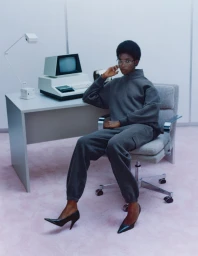 Model wearing dark grey fleece zip sweatshirt and matching sweatpants seated at desk with vintage computer in a studio