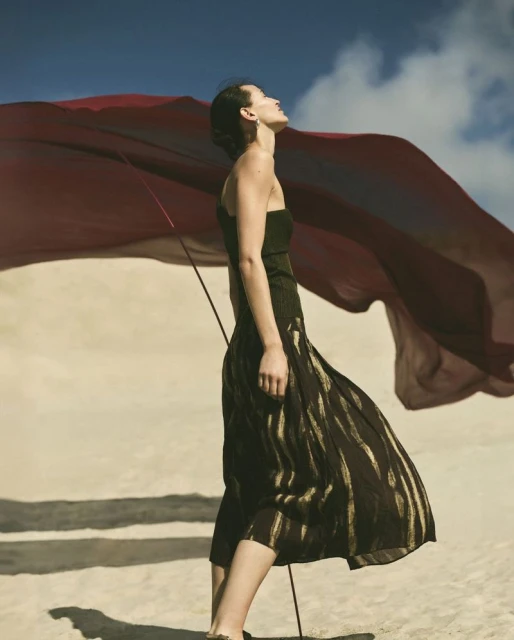 Woman in black dress poses in desert setting with a flowing red fabric, creating a dramatic and artistic fashion image against sky.